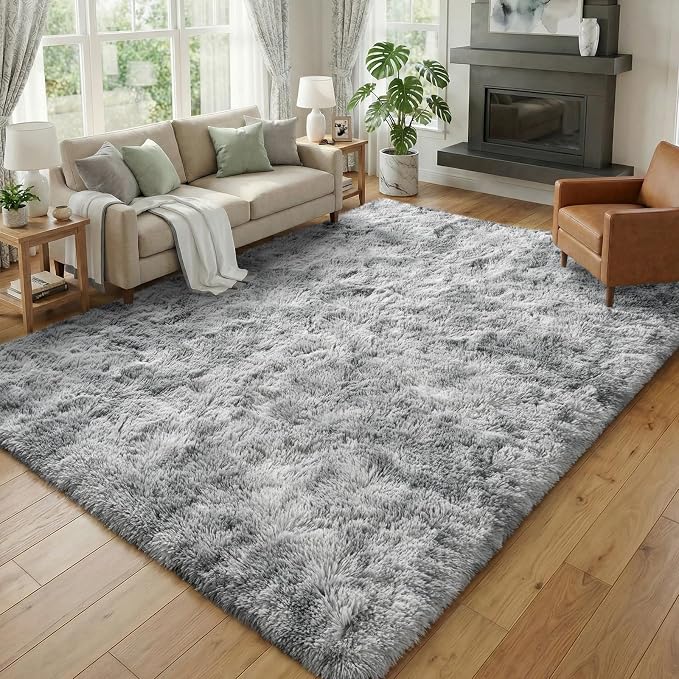 Fluffy 5x7 Area Rugs for Bedroom: Tie-dye Light Grey Soft Shag Rug for Living Room, Large Fuzzy Plush Indoor Floor Carpet Non Slip Modern Rug for Nursery Boys Girls Kids Room Playroom Dorms Home Decor