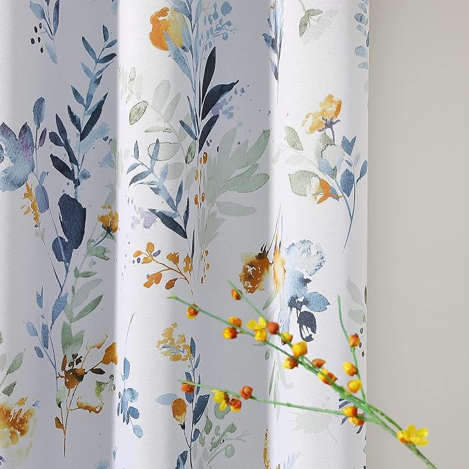 MYSKY HOME Floral Blackout Room Divider Curtains 80 inches Long for Bedroom Patio Sliding Door Thermal Insulated Privacy Curtains for Extra Wide Window Living Room, 2 PCs, Yellow and Blue, 52" Wide
