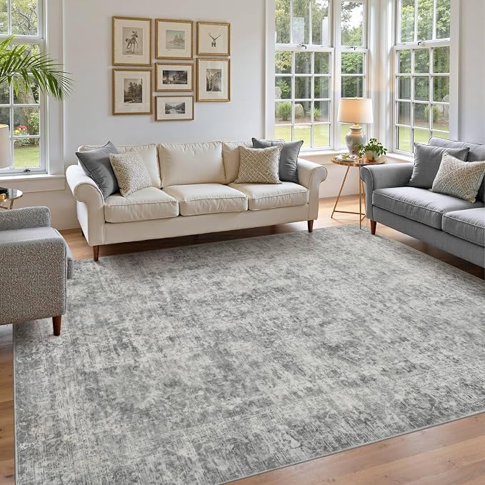 Rugxara Grey 6x9 Area Rugs Washable Rug for Living Room Dining Room Bedroom | Non Slip, Rug for Office Farmhouse Kids Room, Stain Resistant, Soft, Low Pile, Vintage Boho Floral Retro Carpet, Home Decor