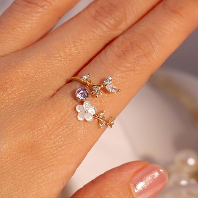 Birthstone Flower Rings For Women Non Tarnish Gemstone Cubic Zirconia Mother of Pearl Adjustable Size 7-11 Silver Rose 14K Gold Plated Birth Jewelry Gift For Birthday