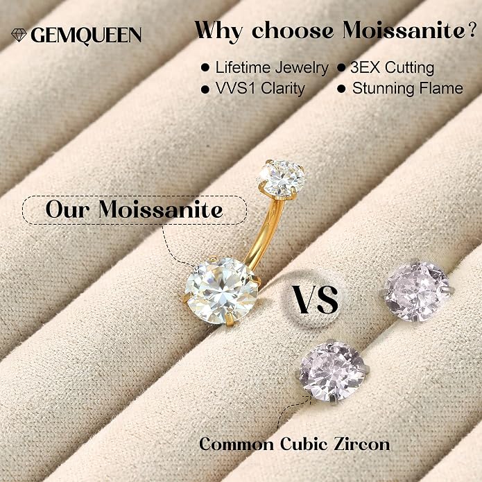 GEMQUEEN Moissanite ＆ G23 TItanium Belly Button Ring 18K Gold Plated Hypoallergenic Internally Threaded Belly Rings 14G Navel Piercing Jewelry For Women Men D Color VVS1 Clarity Brilliant Cut