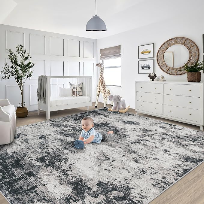 XLUEZ 8x10 Area Rugs for Living Room, Washable Modern Abstract Large Area Rug Neutral Soft Non Slip Kids Rug Stain Resistant Indoor Carpet for Bedroom Nursery Dining Room Playroom(Black, 8'x10')