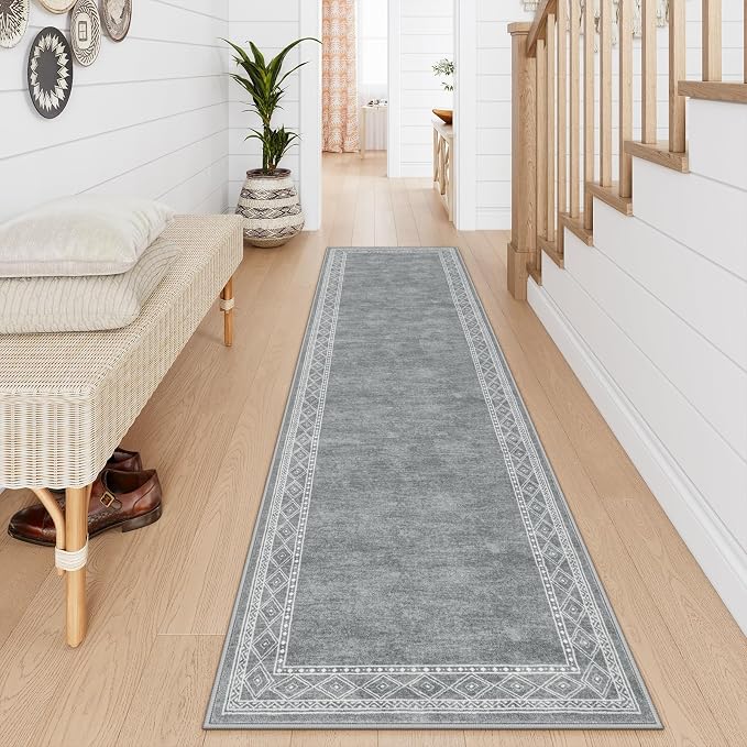 Lahome Modern Bordered Washable Runners for Hallways, 2.5x8 Kitchen Runner Rug Non Slip, Ultra-Thin Soft Hallway Rug for Bedroom Entryway Bathroom Laundry (2.5'x8',Grey)