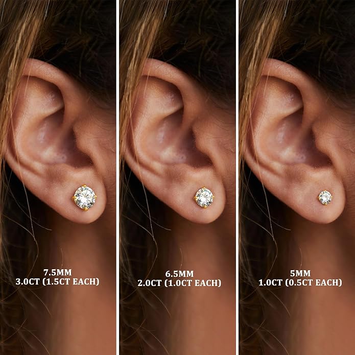 Moissanite Stud Earrings : 18K White Gold Plated Solid 925 Sterling Silver Earring Hypoallergenic Dainty Flat Back Stud Earrings Jewelry for Women Men D Color VVS1 Clarity