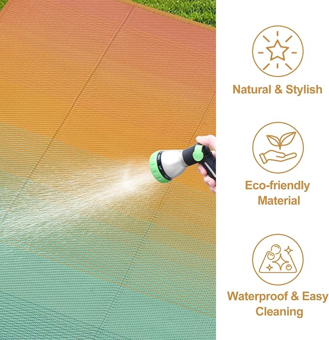 Lahome Camping Rugs for Outside Your Rv 5x8 Indoor Outdoor Carpet Waterproof Plastic Straw Rug, Reversible Camping Mats Large Porch Rug for Patio,Backyard, Balcony,Deck,Blue-Orange 5x8