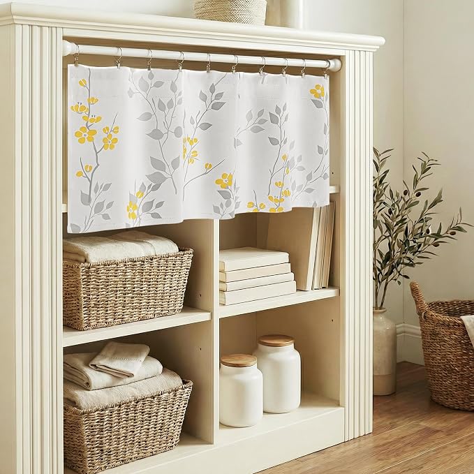 Beauoop Floral Valance Curtains for Kitchen Yellow Grey 52X18 Inch 1 Panel | Flower Patterned Yellow White Blackout Short Curtains for Living Room Bedroom Cafe Thermal Small Window Curtains Rod Pocket