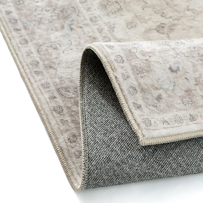 PureCozy 5x7 Area Rug Washable Neutral Beige Vintage Floral | Non Slip, Soft Low Pile, Carpet for Bedroom, Living Room, Nursery, Farmhouse Decor