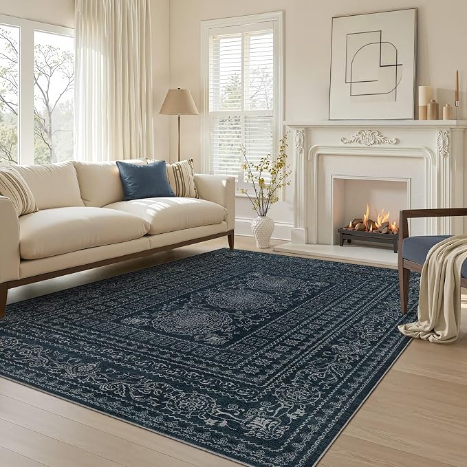 Nakagishi 6x9 Area Rugs Living Room: Washable Large Vintage Rug Neutral Non-Slip Soft Stain Resistant Indoor Carpet for Bedroom Nursery Dining Room Office Playroom - Navy
