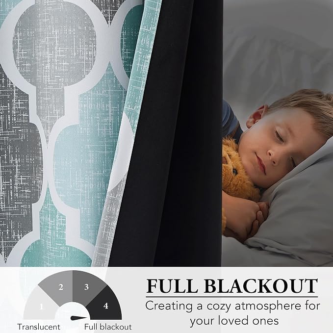 Beauoop Moroccan 100% Blackout Curtains Bedroom Aqua Grey 50x84 2 Panels | Geometric Room Darkening Drapes for Living Room 84 Inch Long Thermal Insulated Soundproof Lattice Window Treatment Rod Pocket