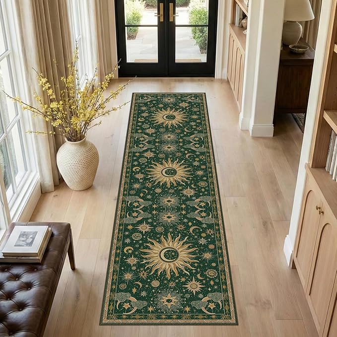 Vacuum-Friendly, 2x8 Washable Area Rug, Green Gold Yellow | Sun and Moon Boho Gothic Non-Slip Low Pile Living Roon Bedroom Dining Room Kitchen Entry Entryway Entrance Hallway Doormat