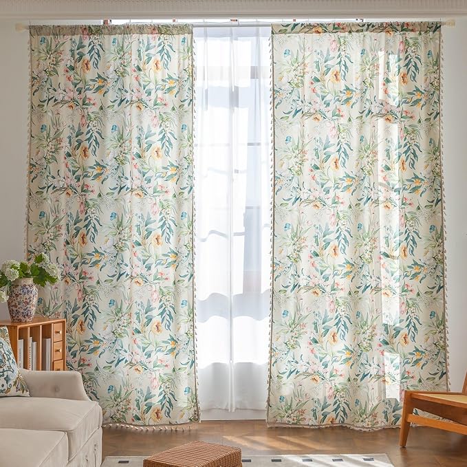 Boho Floral Curtains French Country Farmhouse Curtains 84 Inches Long Light Filtering Window Rod Pocket Drapes for Living Room 2 Panels-Green Flor