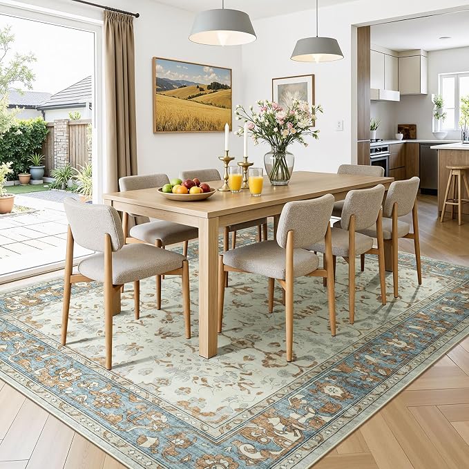 Lessymo Washable Area Rug for Living Room,9x12 Large Rugs with Non-Slip Backing,Soft Boho Carpets for Bedroom Dining Room Nursery Home Office,Light Brow
