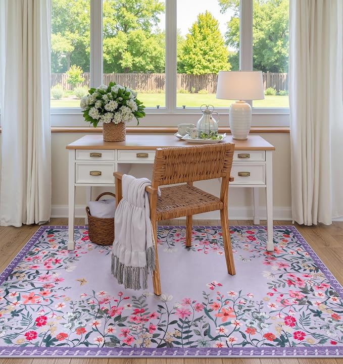Wonnitar 4x6 Washable Area Rug, Purple Floral Rug for Girls Bedroom, Boho Soft Nursery Carpet, Non Slip Ultra Thin Entryway Mat, Lavender Kids Room Vanity Decor (4x6 Purple)