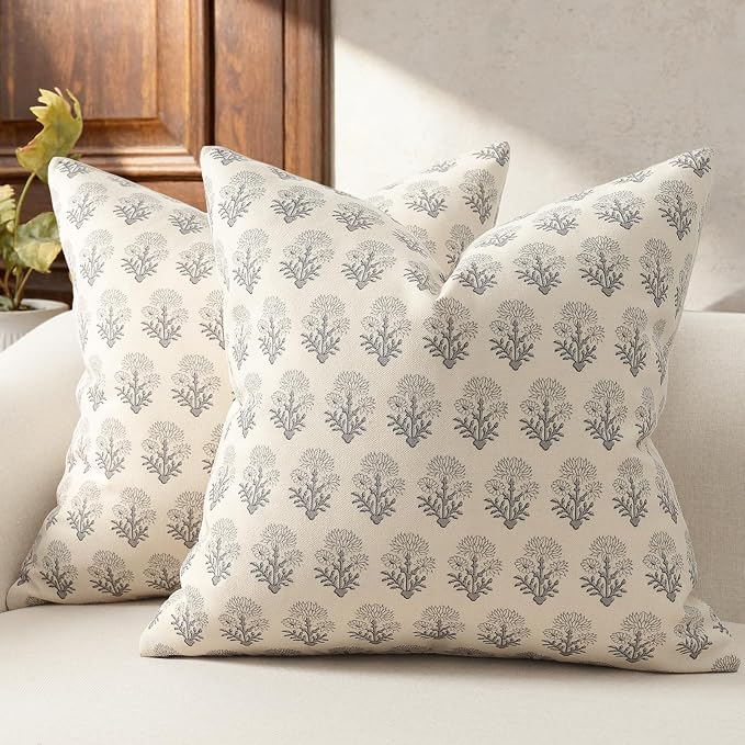 Farmhouse Floral Pillow Covers 24x24 Set of 2, Country Botanical Throw Pillow Cover for Sofa Couch Bed Living Room, Earthic Vintage Flower Cushion Covers Cottage Home Décor,Rustic Gray