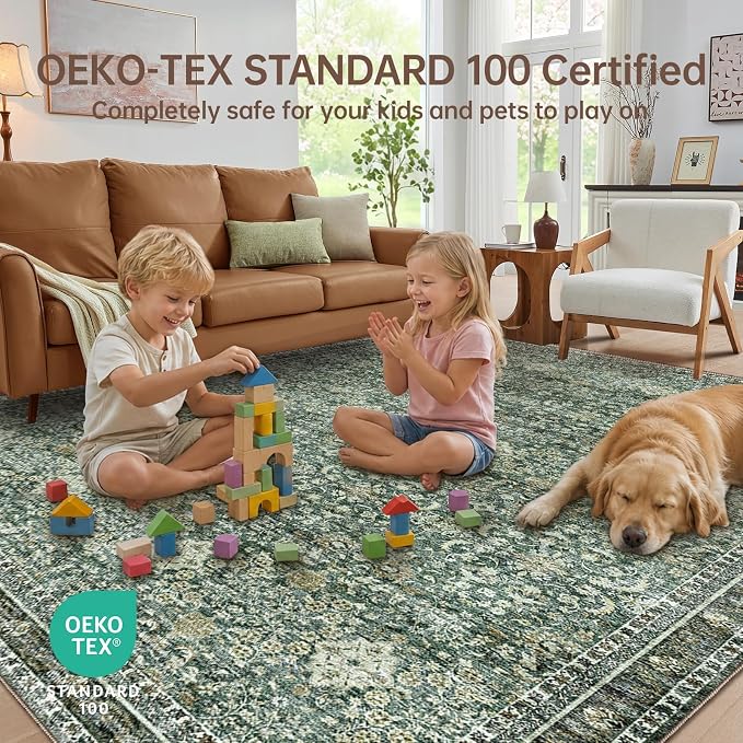 Sasttie 8x10 Area Rugs, Ultra-Soft Washable Rug, Low Pile Foldable Thin Carpets with Non-Slip Backing, Skin-Friendly Stain Resistant Carpet for Living Room, Bedroom, Kitchen, Dorm, 8x10, Dark Green