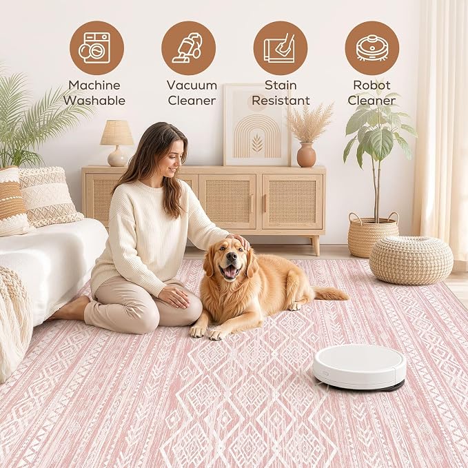 Nakagishi Area Rug Living Room Rugs: 6x9 Large Soft Machine Washable Boho Moroccan FarmNeutral Stain Resistant Indoor Floor Carpet for Bedroom Under Dining Table Home Office Decor-Pink