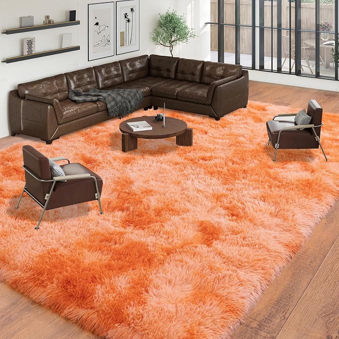 9x12 Area Rugs for Living Room, Orange Tie-Dyed Plush Fluffy Carpet | Upgrade Non-Slip Thick Large Orange Area Rug for Nursery Kids Room Dorm Room Home Decor, Indoor Plush Floor Carpet