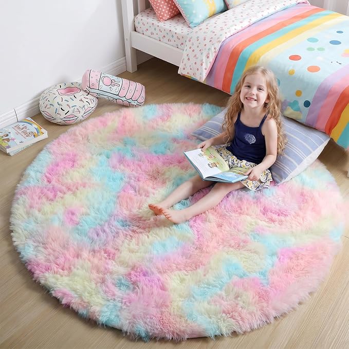 Amdrebio Rainbow Fluffy Round Rug 6Ft Kids Rugs for Girls Bedroom, Unicorn Room Decor, Colorful Pastel Plush Floor Carpet for Playroom Baby Nursery, Cute Shag Kawaii Circle Area Rug for Teen Princess