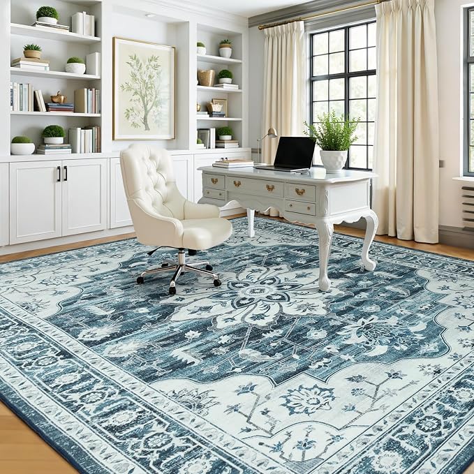 8x10 Coastal Blue White Large Area Rugs for Living Room - Boho Medallion Aesthetic Distressed Washable Rug, Soft Non-Slip Backing Low Pile Carpet for Dining Under Table, Bedroom, Office
