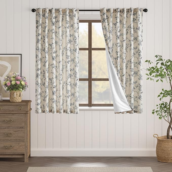 Lazzzy Charlotte Lined Linen Farmhouse Black Floral Curtains 63 Inch Length Back Tab Drapes for Living Room Bedroom Light Filtering Country Vintage Rod Pocket, 2 Panels, Black on Beige