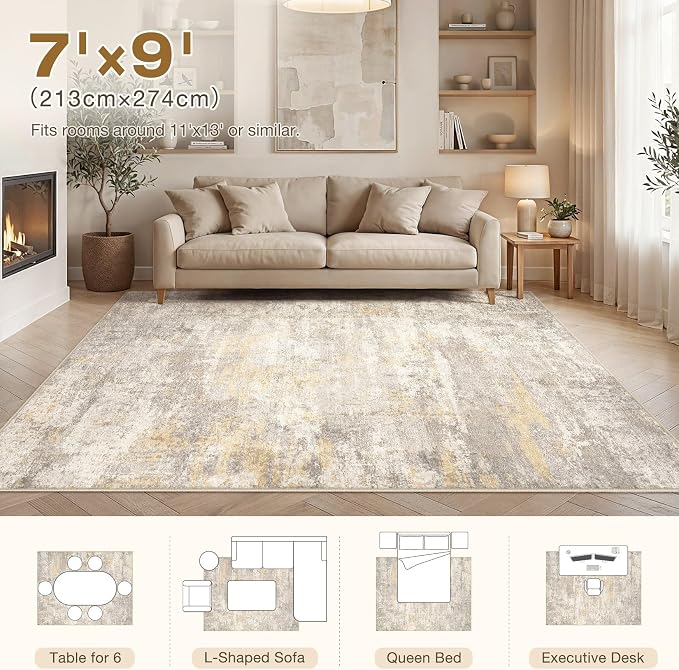 cotiled 7x9 Area Rug Abstract Soft Non Slip Washable Rugs for Living Room | Stain Resistant, Robot Vacuum & Pet Friendly, Low-pile, For Living Room, Bedroom, Dining Table, Nursery Gold/Grey/Brown
