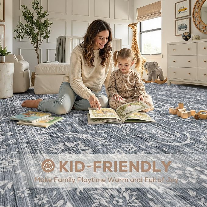 Nakagishi 7x9 Area Rugs Living Room: Washable Large Vintage Rug Neutral Non-Slip Soft Stain Resistant Indoor Carpet for Bedroom Nursery Dining Room Office Playroom - Retro Blue