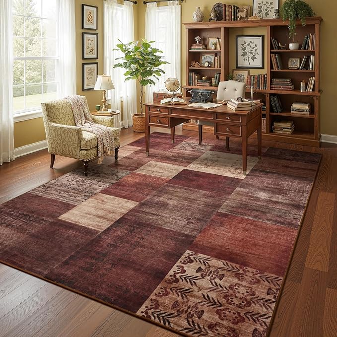 DweIke Washable Area Rugs 6x9 for Living Room, Large Modern Geometric Red Soft Patchwork Carpet, Non-Slip Stain Resistant Throw Rug for Bedroom Dining Room Office Home Decor