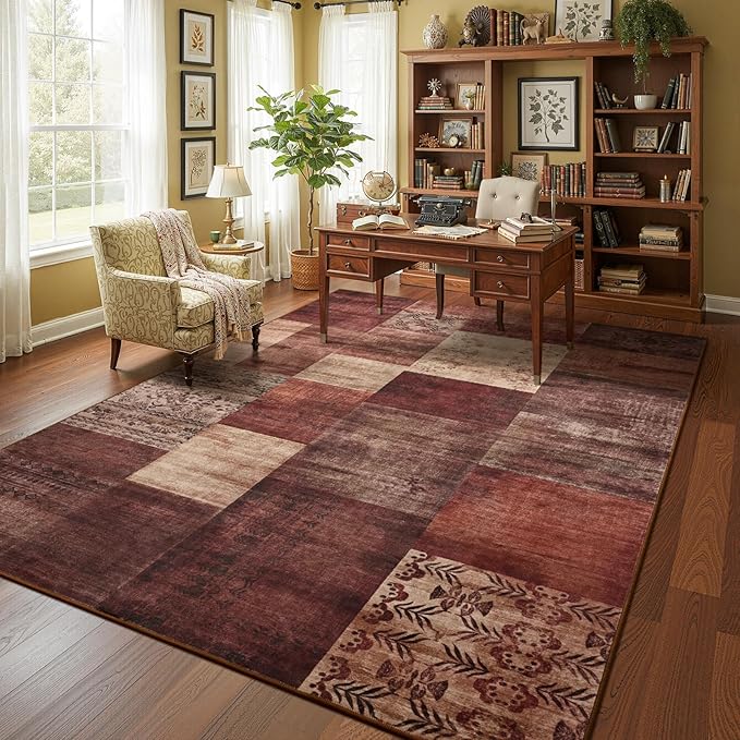 DweIke Washable Area Rugs 4x6 for Living Room, Modern Geometric Red Soft Patchwork Carpet, Non-Slip Stain Resistant Throw Rug for Bedroom Dining Room Office Home Decor