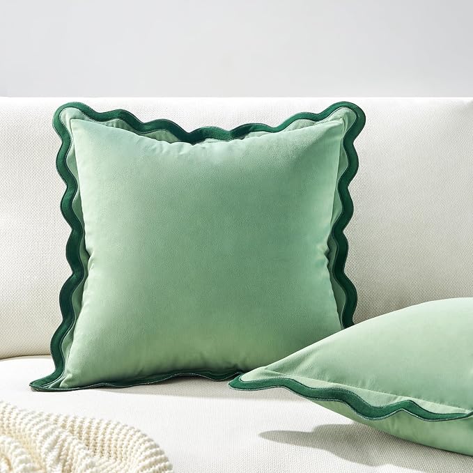 MONDAY MOOSE Decorative Throw Pillow Covers Cushion Cases, Set of 2 Soft Velvet Scalloped Wavy Edge Designs, Mix and Match for Home Decor, Pillow Inserts Not Included (20x20 inch, Green/Light Green)