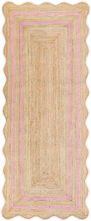 Wave Scalloped Natural Jute Runner, Light Pink (2'6"x16'): Boho Farmhouse Entryway Scallop Rug