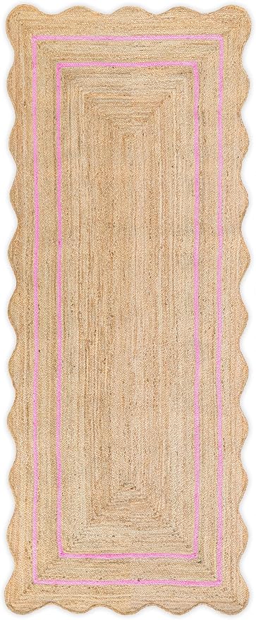 Wave Scalloped Natural Jute Runner, Light Pink (2'6"x14'): Boho Farmhouse Scallop Entryway Rug