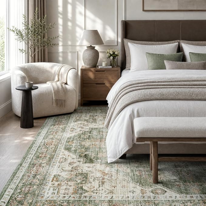 AMOAMI-Area Rug 8X10 Rugs for Living Room-Vintage Soft Green Rugs for Bedroom-Non Slip Carpet-Washable Rug for Dining Room Living Room Bedroom Office Under Table