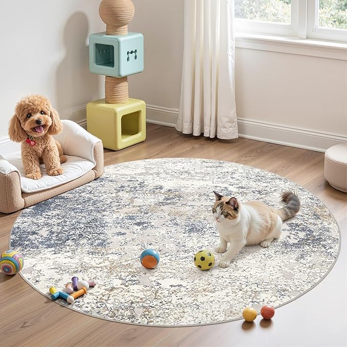DMOYEST 6ft Round Area Rug Living Room Rugs - 6x6 Washable Large Soft Indoor Modern Abstract Low Pile Rug Carpet for Bedroom Dining Room Farmhouse Home Office - Beige Blue