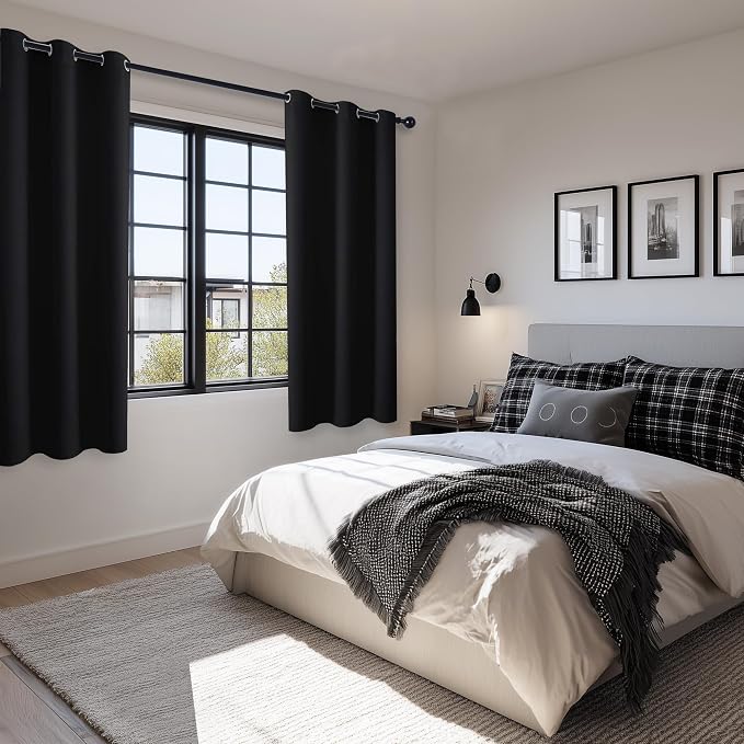 Hiasan Blackout Curtains for Bedroom and Living Room, Light Blocking, Noise Reducing Window Curtain Panels, Tiebacks Included, Set of 2, Grommet Top (Black, Width 42 Inch x Length 72 Inch)