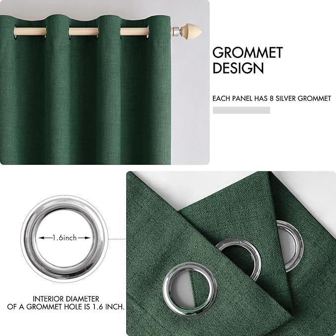 MIULEE 100% Blackout Linen Curtains for Bedroom Thermal Insulated Emerald Green Grommet Room Darkening Curtains & Drapes Christmas Decor for Living Room 52 x 84 Inch (2 Panels)