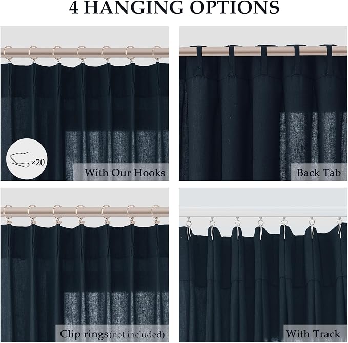 Aersas Navy Blue Pinch Pleated Linen Curtains 84 Inch Length 2 Panels for Living Room Bedroom Semi Sheer Window Curtain Boho Neutral Back Tab Pinch Pleat Drape with Hooks 84 Inches Long 40x84