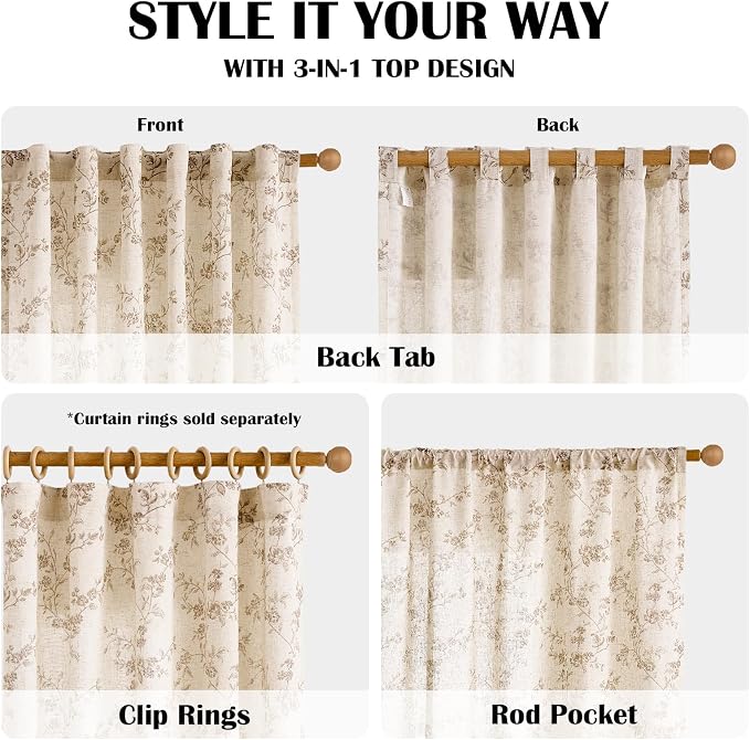 Lazzzy Taupe Floral Linen Curtains 90 Inch Farmhouse Back Tab Drapes for Living Room Bedroom Light Filtering Vintage Grandmillennial Rod Pocket Curtains, 2 Panels, W38 x L90, Taupe on Beige