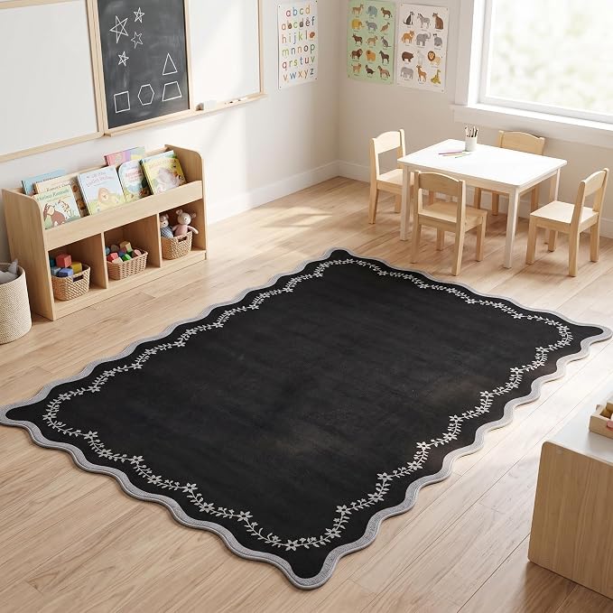 GarveeHome 4x6 Scalloped Washable Area Rug Black Nursery Kids Bedroom Rug | Soft Solid Rug Non Slip Low Pile Small Carpet Stain Resistant Throw Rug for Dorm Playroom Office Dining Room