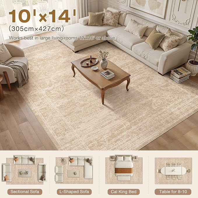 Nakagishi 10X14 Area Rugs Living Room:Washable Large Vintage Rug Neutral Non-Slip Soft Stain Resistant Indoor Carpet for Bedroom Nursery Dining Room Office Playroom