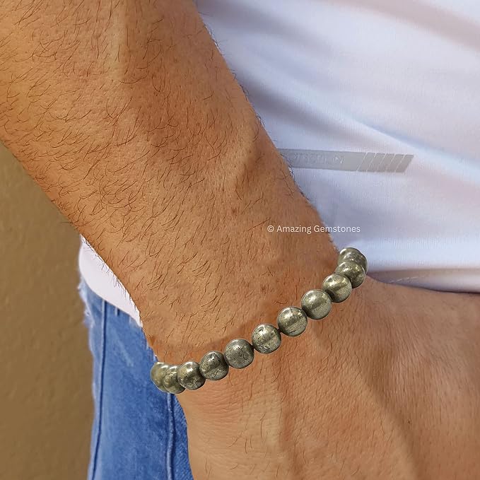 Amazing Gemstone Pyrite Bracelet, Gifts for Men & Women - Protection Healing Crystal Bracelet - 8mm Gemstone Beaded Adjustable Bracelet, Pulseras para Hombres Mujer Stocking Stuffers