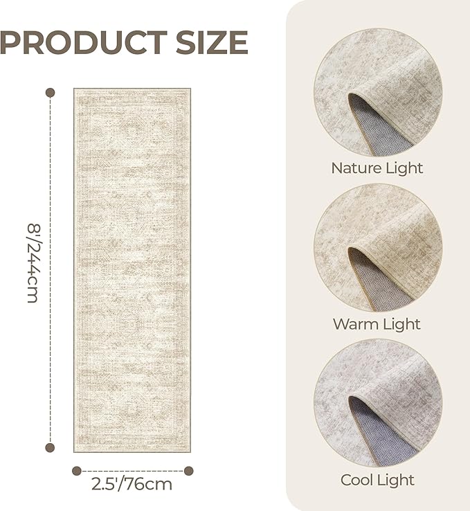 2'6 x 8' Runner Rug Non Slip,Washable Kitchen Rugs,Beige | Neutral Rugs for Kitchen,Entryway,Bedroom,Bathroom,Nursery Room,Thin,Soft Runner Rug,Stain Resistant Indoor Carpet