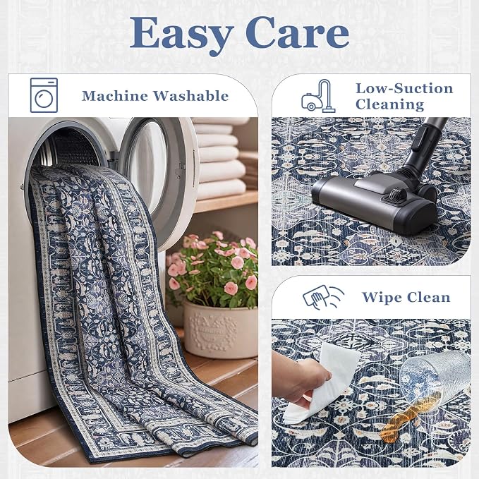 Boho Floral Moroccan Trellis Large Area Rugs 9x12 for Living room, Dark Blue Classic Transitional Style Room Carpet Rug for Bedroom Dining Room, Washable Rug with Rubber Back Low Pile Thin Soft