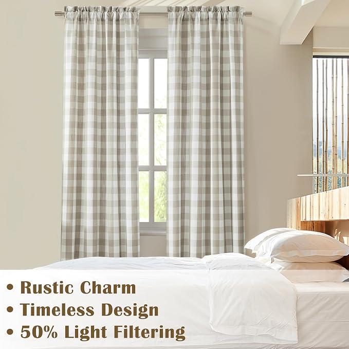 Beige White Buffalo Plaid Semi Sheer Curtains 84 Inches Long | Natural Buffalo Check Pattern Drapes,Neutral Farmhouse Window Treatment Bedroom Living Room,Rod Pocket,52"Wx84"L(Pack of 2)