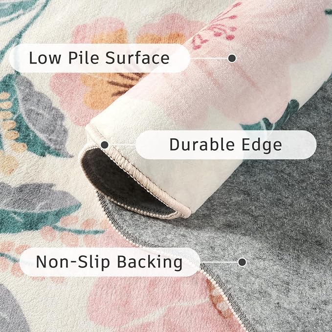 DCX Pink Floral Rug 4x6, Washable Pink Rug for Living Room, Kid & Pet Friendly with Rubber Back Non Slip, Soft Low Pile Carpet, Stain Resistant Rug for Bedroom, Nursery, Dining Room