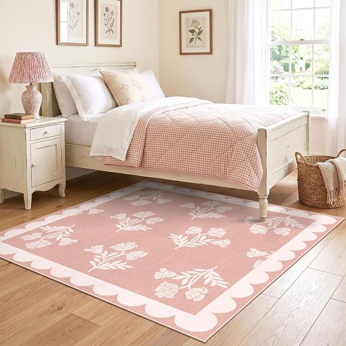 Pink Square Rug 4ft - Soft Washable Boho Floral Girls Bedroom Rug Non Slip 4x4 Stain Resistant Cute Scalloped Circle Square Area Rugs for Living Room Entryway Bathroom Dining Room Nursery Dorm