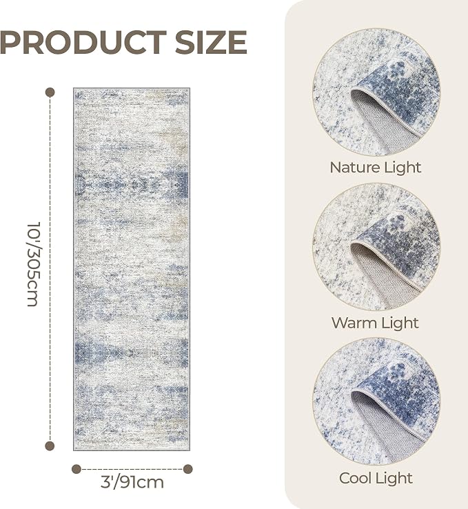 3x10 Runner Rug Non Slip,Washable Hallway Runner Rug,Blue | Long Neutral Rugs for Kitchen,Entryway,Bedroom,Bathroom,Laundry Room,Thin,Soft Runner Rug,Stain Resistant Indoor Carpet