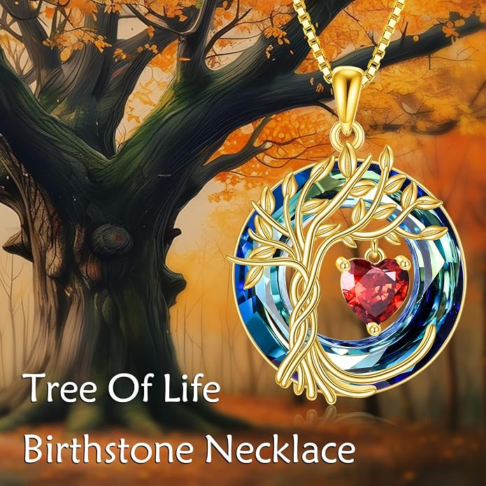 POPLYKE Mothers Day Gifts for Mom Her Wife Tree of Life Necklace 925 Sterling Silver Birthstone Pendant with Crystal Anniversary Birthday Wedding Jewelry for Women