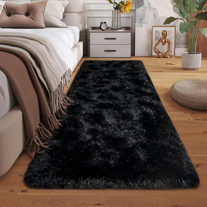 Dssimo 2x6 Black Runner Rug for Bedroom Hallway Living Room | Soft Fluffy Shag Non-Slip Carpet for Kids,Girls Boys and Teens Decorations for Living Room Dorm Nursery Classroom