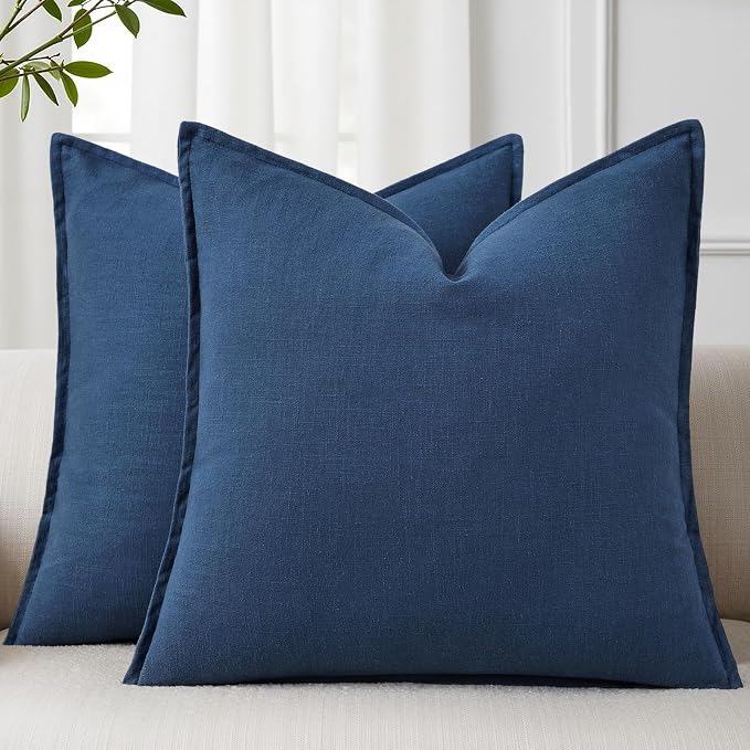 decorUhome Fall Blue Linen Throw Pillow Covers 26x26 Set of 2 | Decorative Soft Cozy Modern Farmhouse Boho Accent Pillow Cases with Flange Edges for Couch Bed Sofa Living Room Home Decor