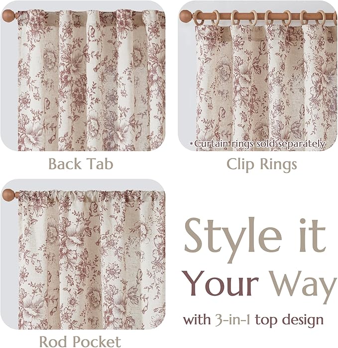 jinchan Red Floral Linen Curtains 84 Inch Vintage Back Tab 2 Panels | Light filtering drapes, semi sheer, farmhouse, cottagecore, rustic, living room, bedroom, rod pocket, window treatment